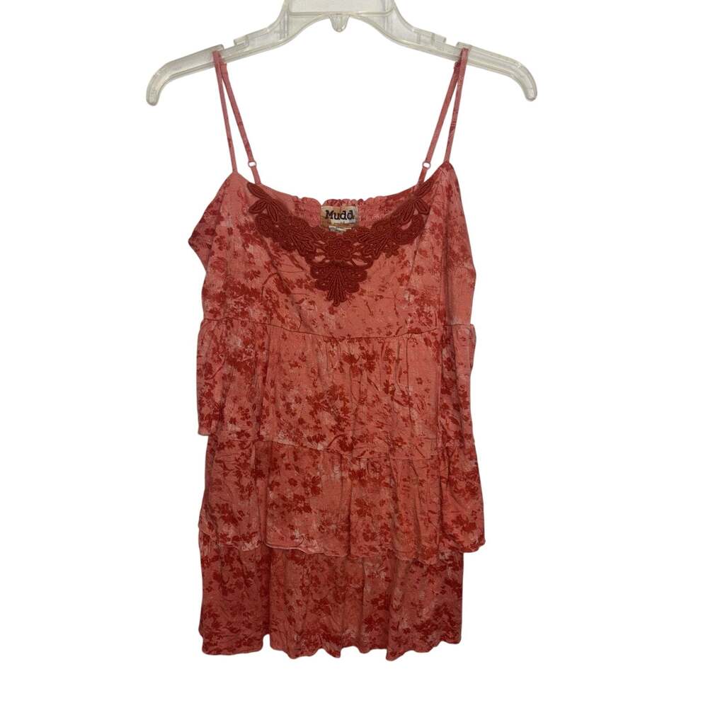 Y2K Mudd Coral Tiered Flowy Crochet Macrame Knit Boho Cami L/XL Babydoll